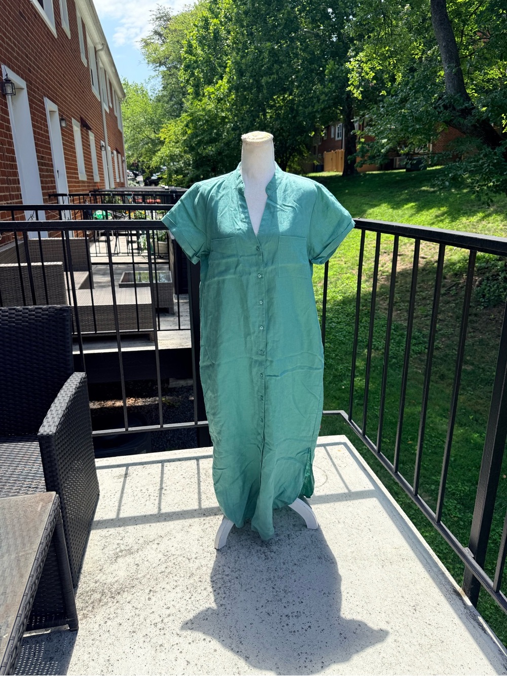 A mint/sea green 100% linen maxi shirt dress from the Saks Fifth Avenue